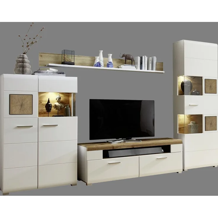 Wohnwand Schrankwand Anbauwand Wohnzimmer-Set 2 FUN PLUS weiß Holz Licht