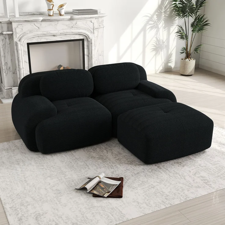 2-Sitzer Sofa 208×178×75 cm aus Cordstoff rahmenlos modular mit 1 Ottomane, schwarz – Bild 3