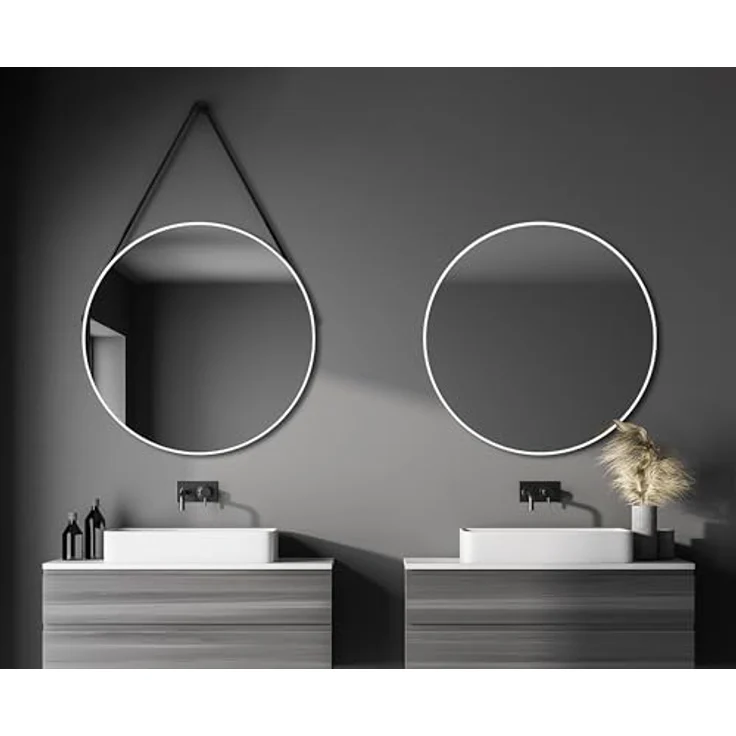 Talos White Style runder Wandspiegel Ø 80 cm, matt weißer Aluminiumrahmen, Badezimmerspiegel mit Aufhängeband, modernes Design für Badezimmer und Wohnung – Bild 1