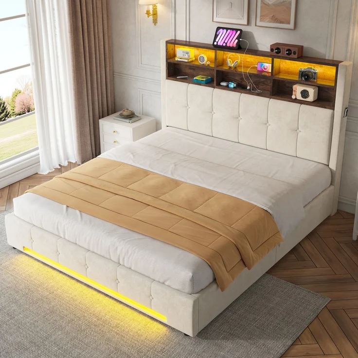 TavilaEcon Polsterbett mit Bettkasten und USB-C-Anschluss beige Liegefläche 160 × 200 cm – Bild 5