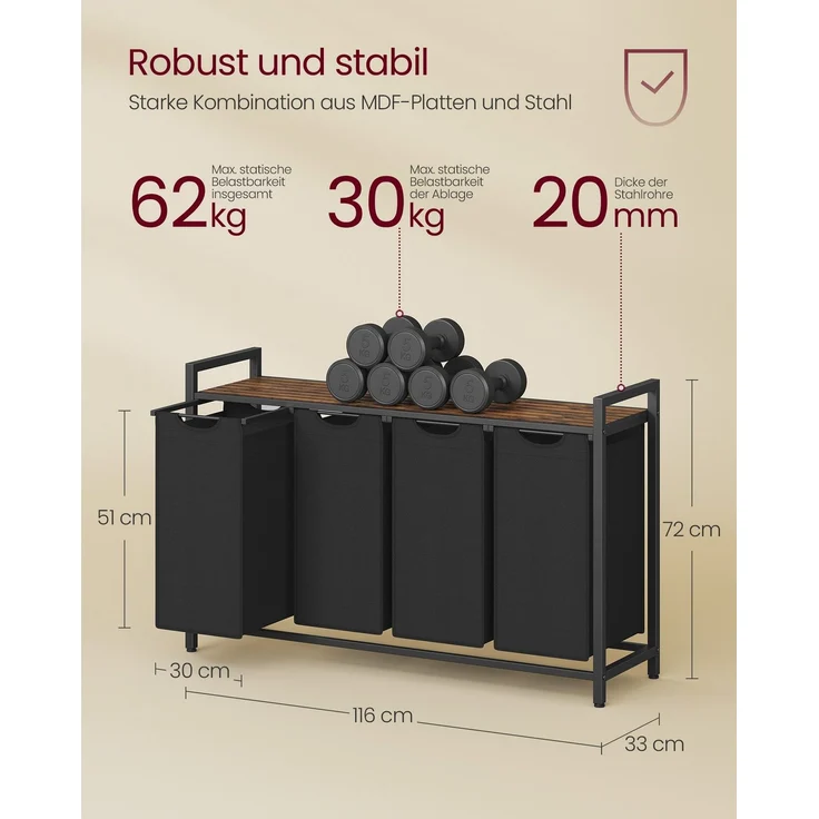 Vasagle Wäschekorb mit 4 Fächern, 4x40 L, Metallrahmen vintagebraun-schwarz, 72 x 33 x 116 cm – Bild 4