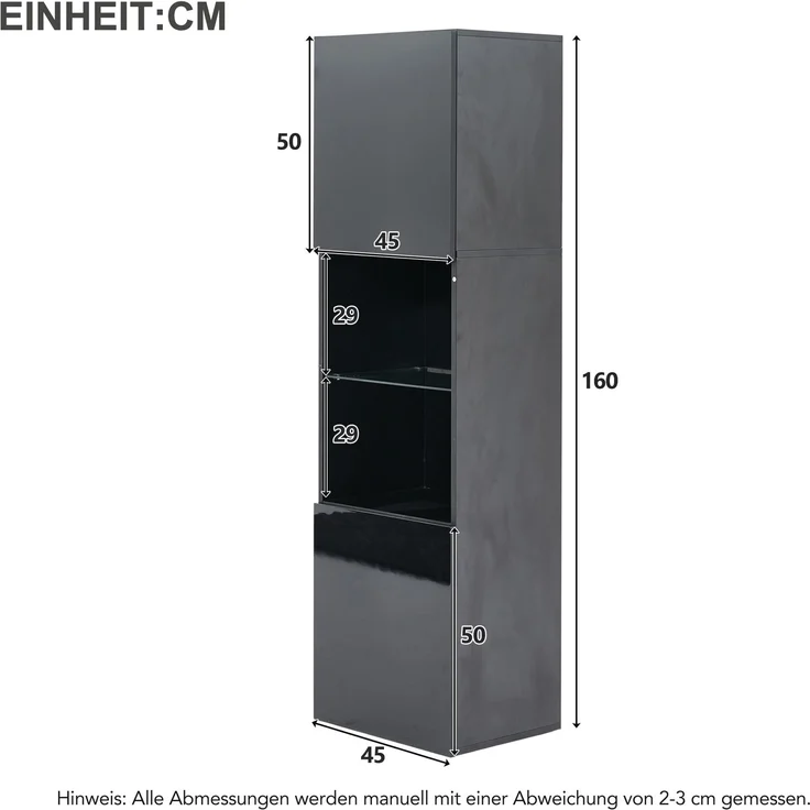 DESVIAE Vitrine mit LED-Beleuchtung, 45x160x35 cm, aus Spanplatte, Schwarz Hochglanz – Bild 10