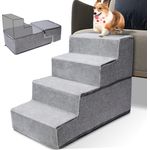 HEVOL Hundetreppe mit 4 Stufen für Hunde – Große Haustiertreppe aus 30D hochdichtem Schwamm, rutschfeste Hunderampe und Katzentreppe mit abnehmbarem Bezug für Bett und Sofa (38 x 45 x 60 cm), grau