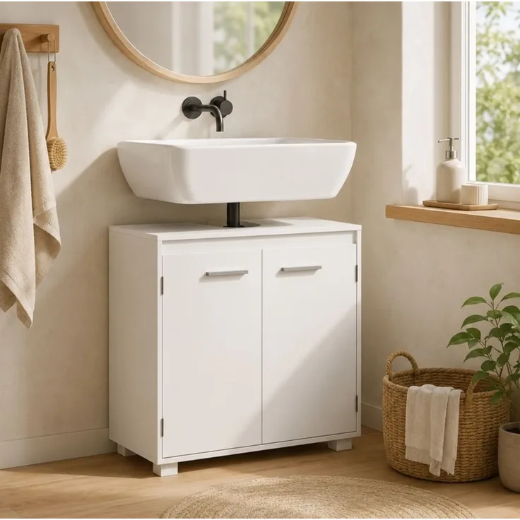Waschbeckenunterschrank 60 x 30 x 60 cm in Weiß mit verstellbarem Regal und U-Ausschnitt