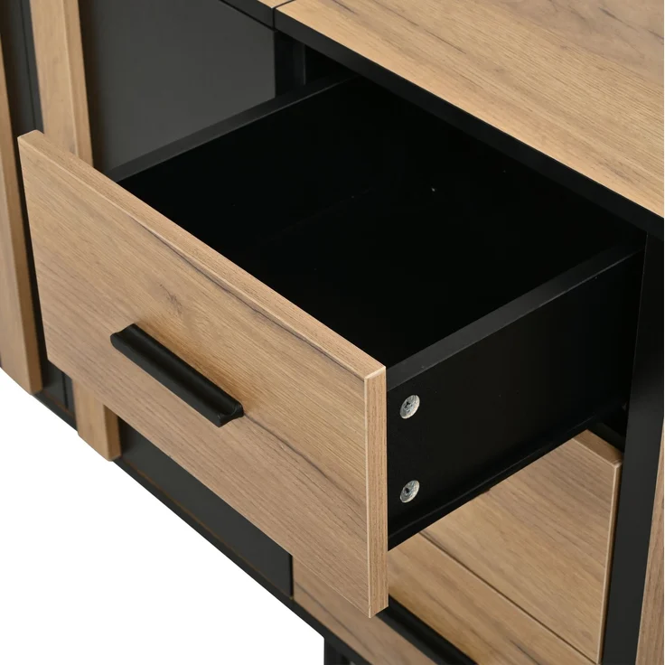 DESVIAE Sideboard Schwarz/Holzoptik aus MDF – 140x70x35 cm – 3 Türen, 3 Schubladen – Bild 9