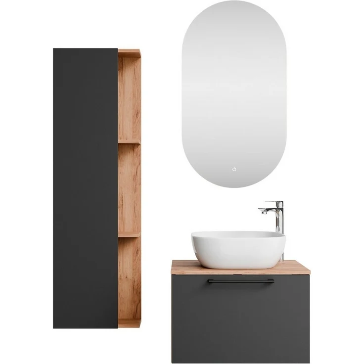 Planetmöbel Badmöbel-Set Astra, (Badezimmer Möbel im modernen Design, 4-St), Waschtisch und Waschbecken weiß mit Spiegel & 1x Seitenschrank – Bild 5