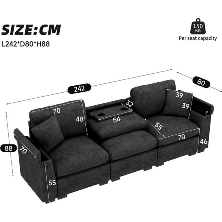 Merax 3-Sitzer Sofa aus weichem Chenille, Multifunktionssofa mit USB-Anschluss, für Wohnzimmer, Büro und Heimkino 1 Teile, XXL Sofa mit klappbarer Rückenlehne, Getränkehalter & Stauraum – Bild 4
