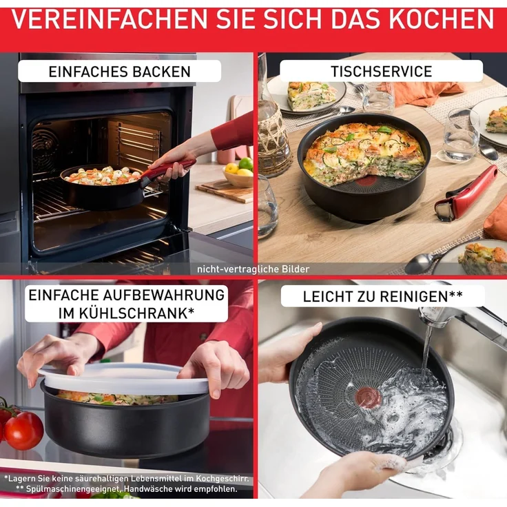 Tefal Ingenio Easy On 4-tlg. Kochgeschirr-Set, 3x Pfannen (22, 24, 26 cm), 1x abnehmbarer Griff, kompakt, stapelbar, Antihaftbeschichtung, Thermo-Signal Temperaturanzeiger, Schwarz, L1599043 – Bild 4