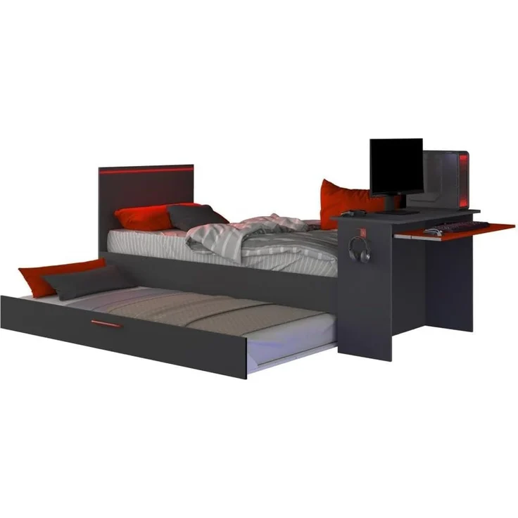 Vente-unique - VOUANI Bett Holz, Platte Grau - B 98,7 cm x H 100,5 cm x L 242,8 cm – Bild 6