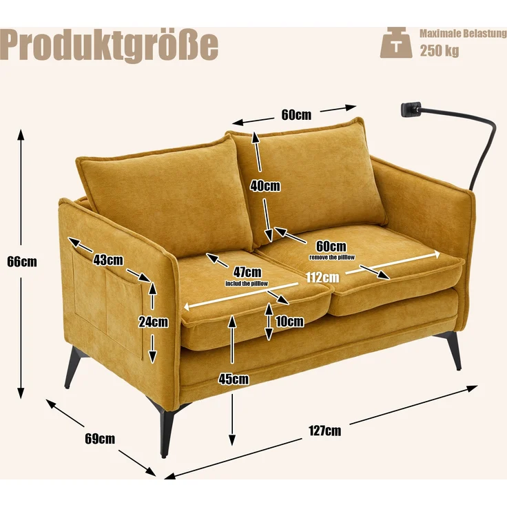 LVHOM 2-Sitzer Sofa mit Handyhalter und USB, Doppelsofa mit Seitentaschen, Polstersofa Zweisitzer mit Chenille Bezug, Gelb – Bild 6