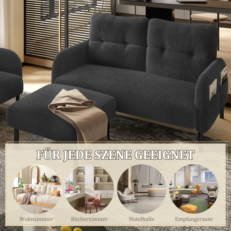 3-teilige Cord-Sitzgruppe aus 2-Sitzer-Sofa, Sessel und Hocker, gepolstertes Lounge-Set mit Seitentasche und Metall-Holz-Gestell, Grau – Bild 12