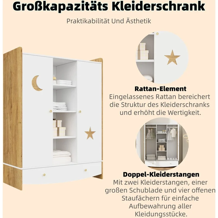 CHICFURN Kleiderschrank mit 2 Kleiderstangen, Schublade und Rattan-Elementen Natur+Weiß 120x50x160 cm – Bild 4