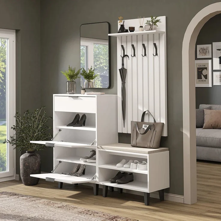 Roomart NORD Garderobenset 4-teilig – Schuhschrank, Sitzbank, Garderobenpaneel 130 cm & Spiegel – Flurgarderobe – H 112 x B 73.6 x T 35 cm (Schuhschrank) • Weiß – Bild 3