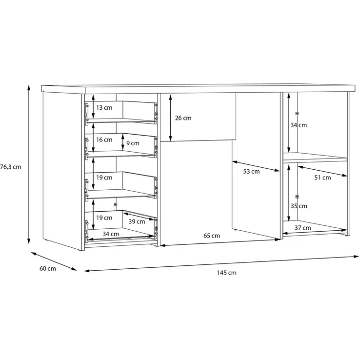 Schreibtisch >NET106< mit 4 Schubladen und Tür, in Sonoma Eiche Dekor / Weiß - 145x76,3x60cm (BxHxT) – Bild 7
