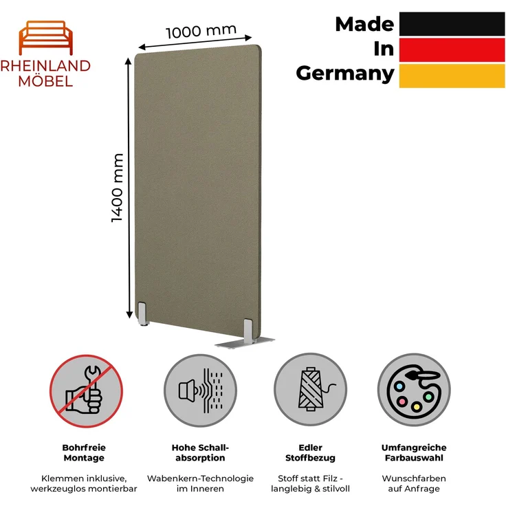 Rheinland Möbel FocusWall STW1014 – Akustik-Stellwand 1000×1400 mm in Stofffarbe Aruba inkl. Standfüßen – Schreibtisch-Trennwand für Büro & Homeoffice – Schallschutz – Made in Germany – Bild 2