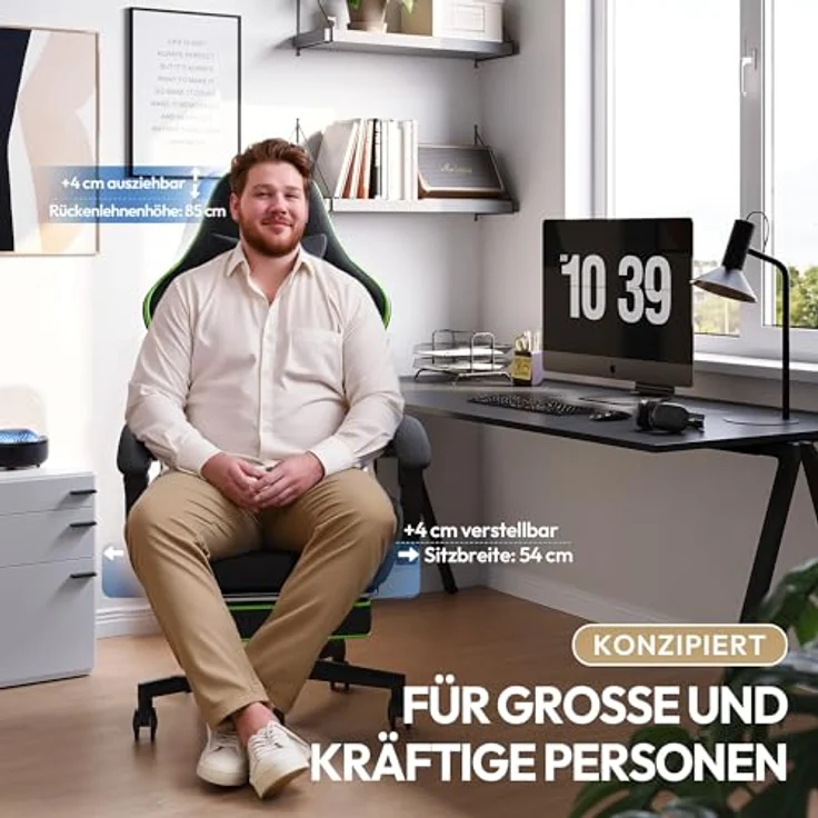 Dowinx Gaming Stuhl Tasche Frühling Kissen, Atmungsaktiver Bürostuhl aus Hochwertigem Stoff, Ergonomischer PC-Stuhl mit Kopfstütze, Drehbarer Schreibtischstuhl mit Fußstütze (Schwarz und Grün) – Bild 5