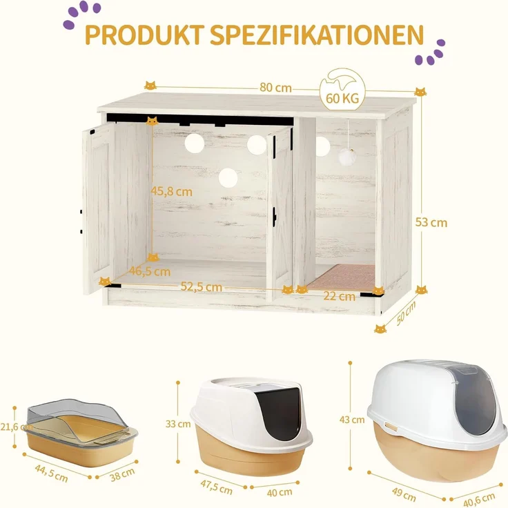 Katzenschrank, Katzentoilette, Katzenklo Schrank, Versteckte Katzentoilette Kabinett Möbel mit Katzenglocke, Indoor-Katzenhaus, 80 x 50 x 53 cm, für Flur, Schlafzimmer, Weiß – Bild 8