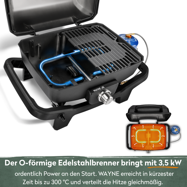 BURNHARD® 1-Brenner Gasgrill WAYNE JR. 3,6 kW – Tragbarer Balkongrill - Tischgasgrill mit Aludruckguss Brennkammer, Gusseisen Grillroste inkl. Abdeckhaube und Gasflaschen Adapter - Schwarz - #946830 – Bild 5