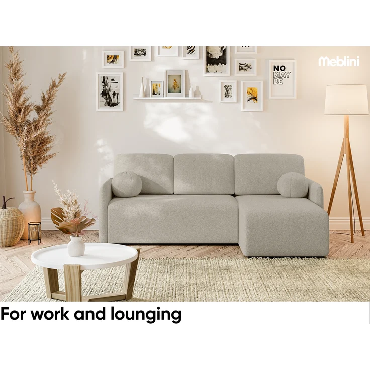 MEBLINI Schlafcouch mit Bettkasten – VESPER – 215x147x94cm – Rechts - Beige Boucle - Kleines Ecksofa mit Schlaffunktion - Sofa mit Relaxfunktion und Kissen - Kleine Couch L-Form – Eckcouch – Bild 3