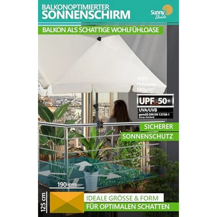 4smile Sonnenschirm Balkon SunnyShade, 200x125 cm, Beige - UPF 50+ Sonnenschirm rechteckig als Sonnenschutz Balkon - SunnyGuy Balkon-Schirm mit Sonnenschirmhalter + Sonnenschirmhülle – Bild 3