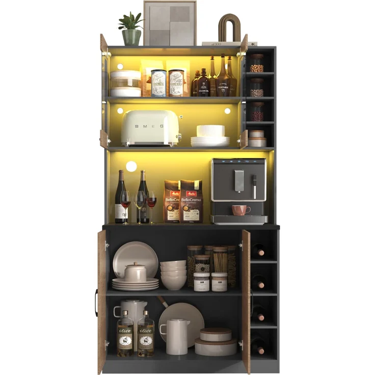 100x47x187cm, Küchenschrank, Buffet mit LED-Ambiente-Beleuchtung und Kabellöchern, Küchen-Highboard aus Holz, großer Platz für Mikrowelle, freistehend, höhenverstellbare seitliche Ablagefächer – Bild 9