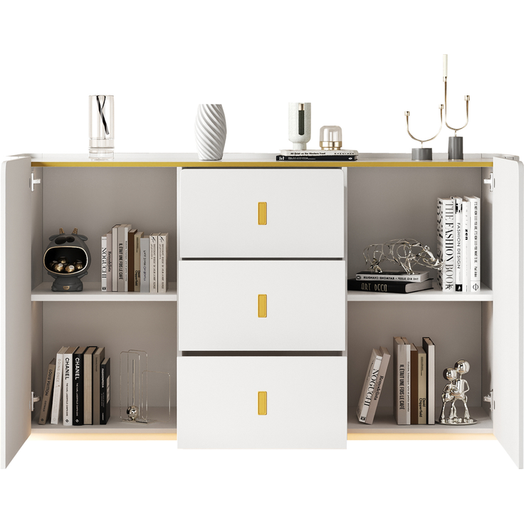 DESVIAE Sideboard Weiß aus Spanplatte – 150x80x35 cm – 3 Schubladen, LED-Beleuchtung – Bild 5