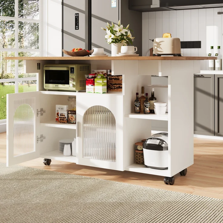 Kücheninsel, modernes Küchensiland, Küchenschrank, abnehmbare Servierwagen-Buffetschrank, Speisewagen mit Holzmaserung, multifunktionaler Esstisch mit Stauraum, Holzoptik, Weiß – Bild 2