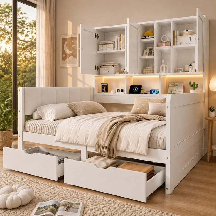 Odikalo Kinderbett Jugendbett 90x200, mit LED USB und Schubladen (mit PU-gepolstertes Kopfteil, Tagesbett, L-förmiges Holzbett, Daybett mit Regale und Schränken) – Bild 1