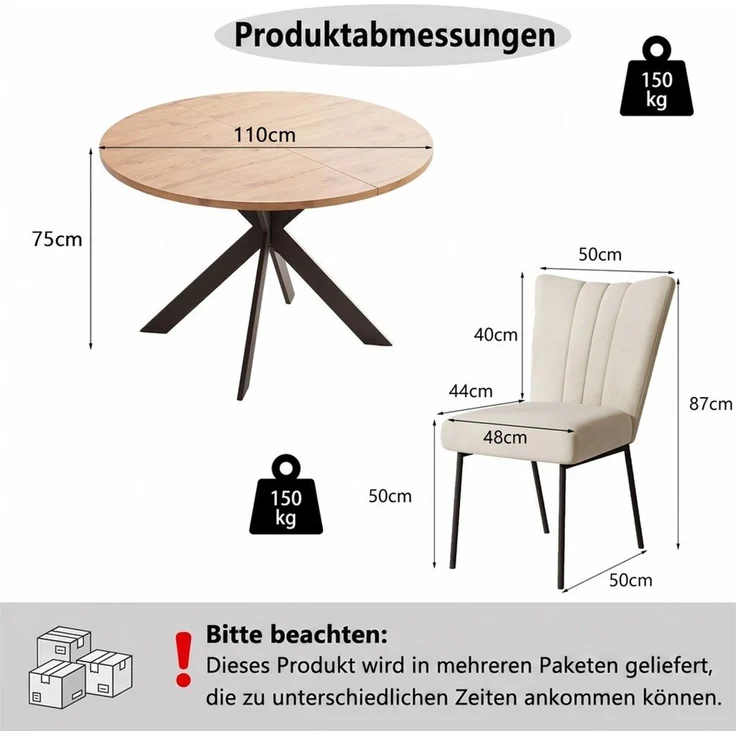 Jiexi Essgruppe Tisch- und Stuhlset, Runder Esstisch (115×75 cm) mit 4 Stühlen – Bild 3