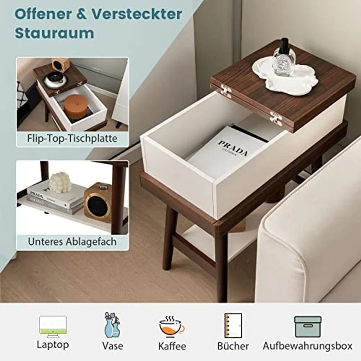 COSTWAY Beistelltisch mit klappbarer Tischplatte, schmaler Sofatisch aus Gummiholz, Nachttisch Klapptisch für Wohnzimmer, Schlafzimmer, 60 x 30 x 60 cm, Dunkelbraun – Bild 4