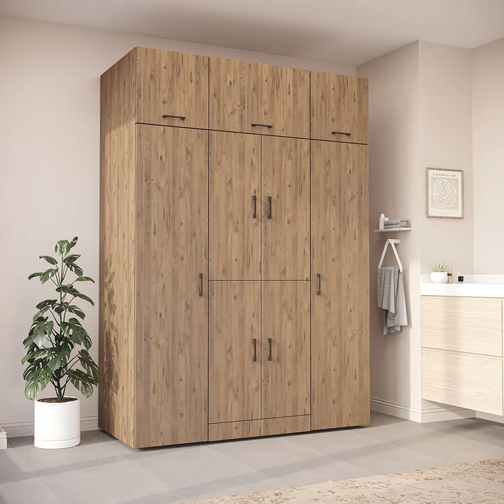 Roomart Waschmaschinenschrank - DORA-I- 160 cm breit - Wasch- & Trocknerschrank mit 2 Hochschränken, Türen & Ausziehbrett, Waschmaschinen-Überbau für Waschküche & Hauswirtschaftsraum • Eiche – Bild 1