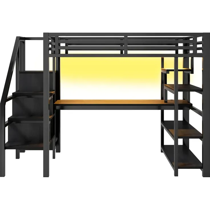 Hochbett mit Schreibtisch, LED-Streifen, Kleiderschrank, Regal, Treppe, Steckdose, USB, Rausfallschutz, 140x200cm, Kinderbett, Metallbett – Bild 6