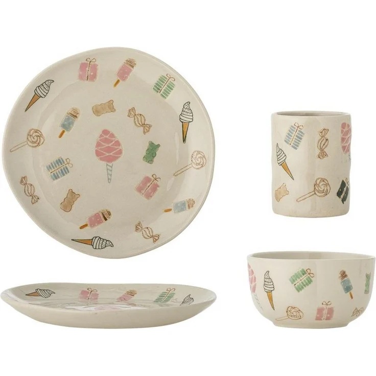 Bloomingville Kindergeschirr-Set MINI Sweets Geschirr-Set, Steingut mit Teller + Schüssel + Becher (3-tlg), Steingut, Frühstücksset, Esslernset, Kindertafel, Partygeschirr, Geschenkset – Bild 1