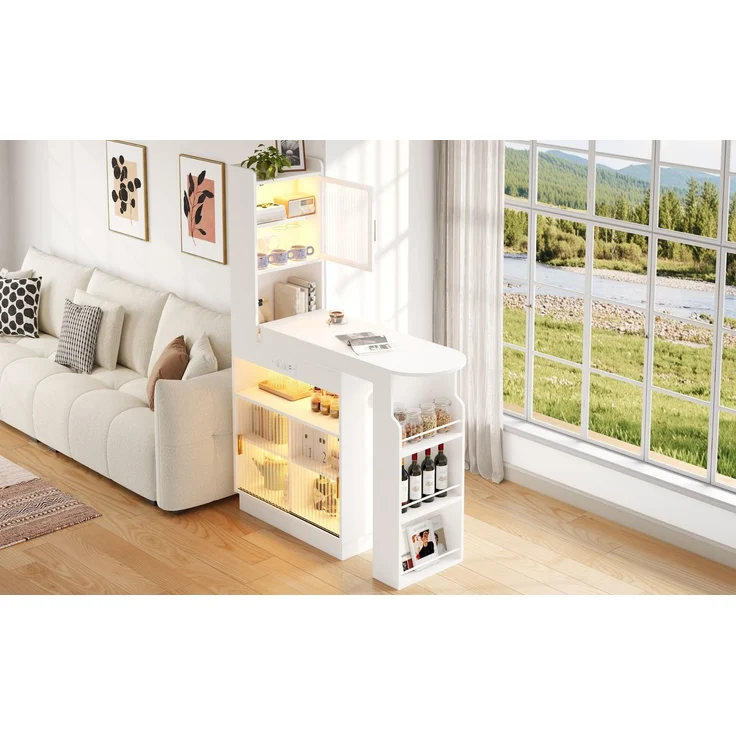 ZUBALIYA Küchenschrank mit Glastüren / Barschrank & Sideboard, mit ausziehbarer Bartisch & Stehtisch mit Stauraum und steckdose, Weiß, 131–170 x 40 x 170 cm, fürs Büro, mit LED, Samt – Bild 20