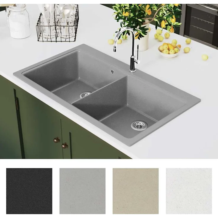 Granitspüle Doppelbecken, Waschbecken für Küche Grau – Bild 3