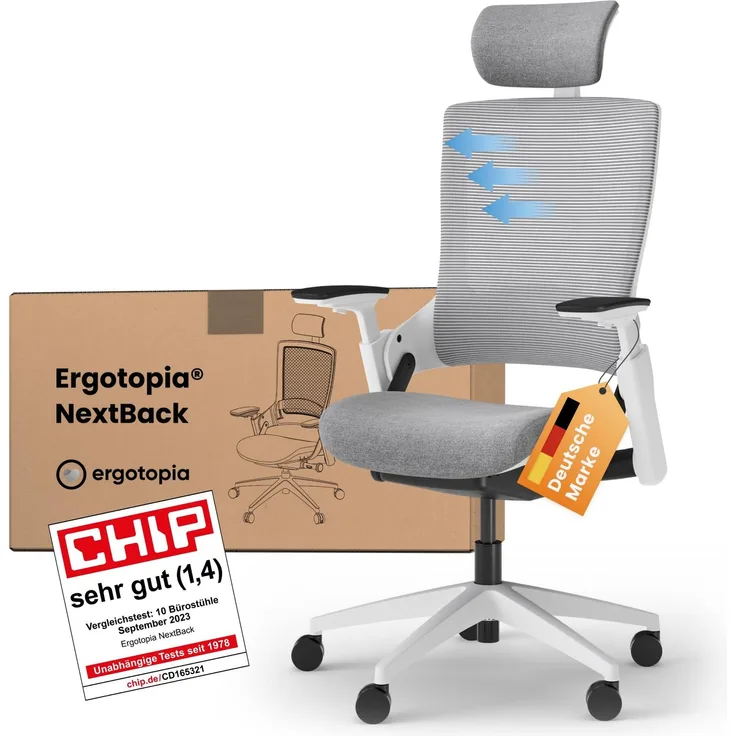 Ergotopia 'NextBack' ergonomischer Bürostuhl mit integrierter Lordosenstütze, 3D Armlehnen & verstellbarer Kopfstütze, Grau / Weiß