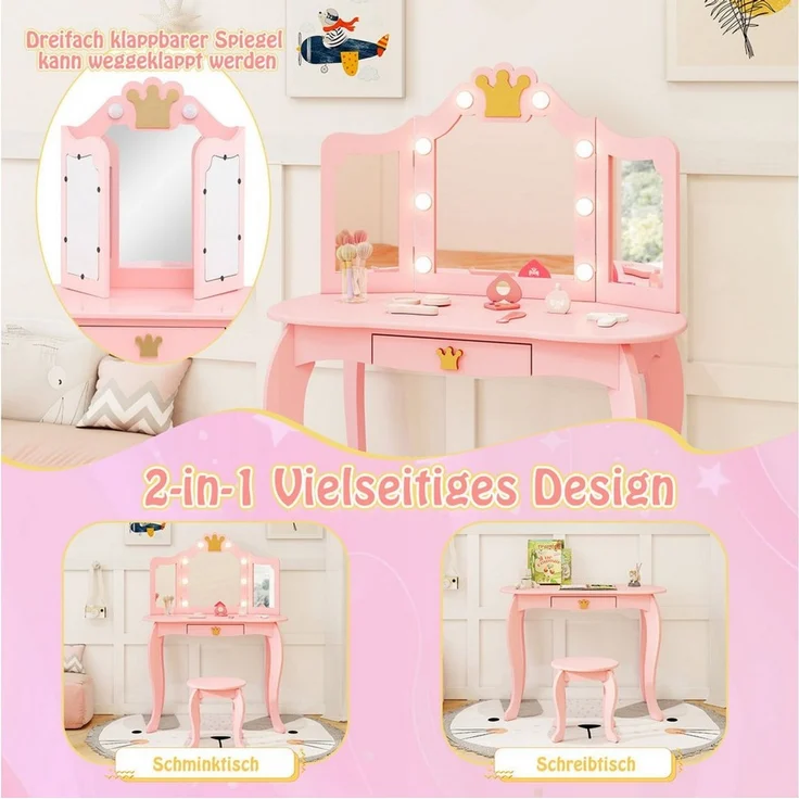 COSTWAY Schminktisch Kinderschminktisch mit Hocker, mit LED Beleuchtung – Bild 1