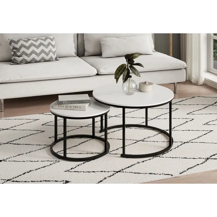 Home Collective Couchtisch 2er Set aus Holz, Wohnzimmertisch Modern (Büro Beistelltisch Loft Design TWIN, kratzfeste Oberfläche, Set 2 in 1), weiß, Rund Beistelltisch Set 2 in 1, Metallgestell für Wohnzimmer