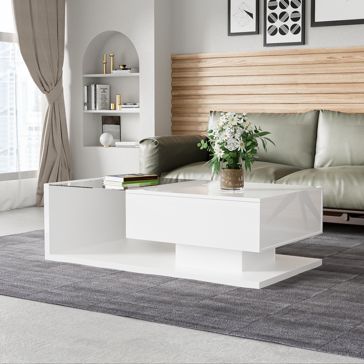 MODFU Couchtisch Beistelltische (Wohnzimmertisch, 1-St, 105*55*32,5cm), mit Glastischplatte, Schublade und 16-farbigen variablen LED-Leuchten – Bild 4
