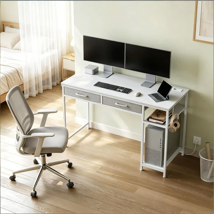 Moderner Computer Schreibtisch,Spieltisch mit Stoffschubladen,Studientisch,Umkleidetisch(nur mit Computer Schreibtisch)--Weiß--120x51x75cm--YOUDENOVA – Bild 1
