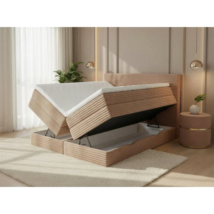 Boxspringbett Mollo XL mit 2 Bettkästen und Topper, mit Taschenfederkern- und Bonellfederkernmatratze, Doppelbett, Polsterbett aus Cordstoff mit Stauraum (Grün (Tilia 39), 140 x 200 cm) – Bild 4