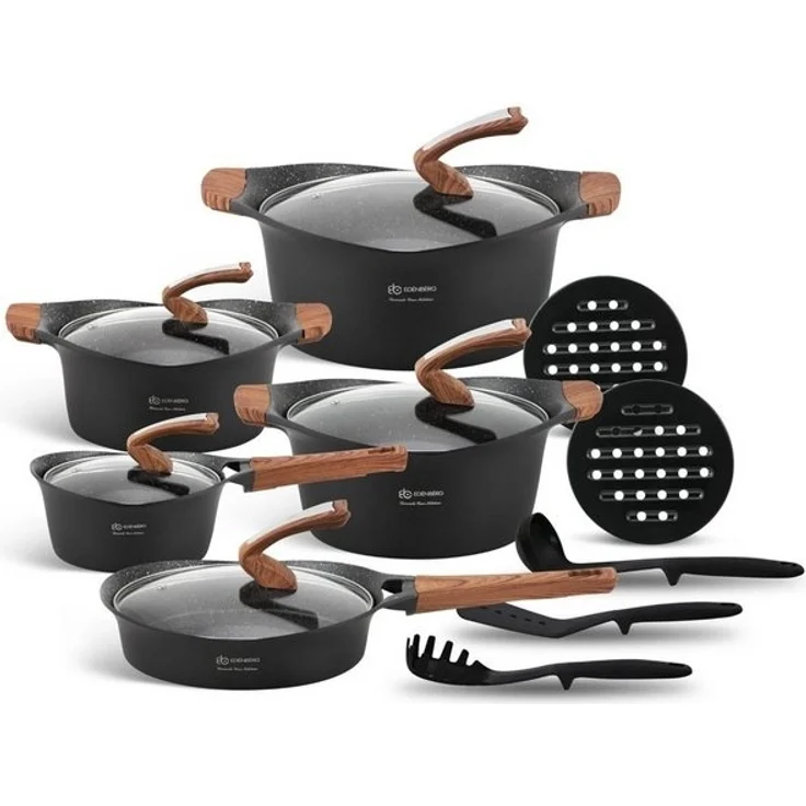Edenberg Topf-Set Modernes Topfset, schwarze Töpfe, braune Griffe, Pfanne, Kasserolle, Aluminium, Keramik (Sehr hohe Qualität, 15-tlg, Zeitloses Design des Topfsets. Eine ideale Geschenkidee) – Bild 4