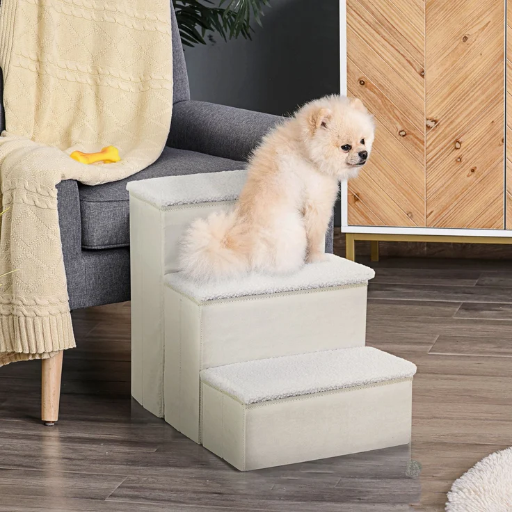 Haustiertreppe faltbar 3 Stufen mit Stauraum weich für Hunde Katzen Sofa Bett Auto,Weiß – Bild 1