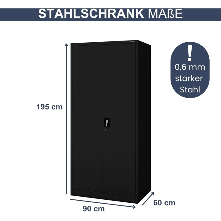 Aktenschrank abschließbar KADO - 5 Ebenen verstellbar, Flügeltüren | Metallschrank Werkstatt Mehrzweckschrank Büroschrank aus Stahl Werkzeugschrank, 195 x 90 x 60 cm Schwarz – Bild 2