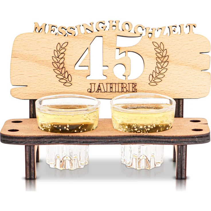 DARO Design - Schnapsbank 45. Hochzeitstag Messinghochzeit Geschenk Deko für Paare Männer Frauen aus Holz mit Gläsern