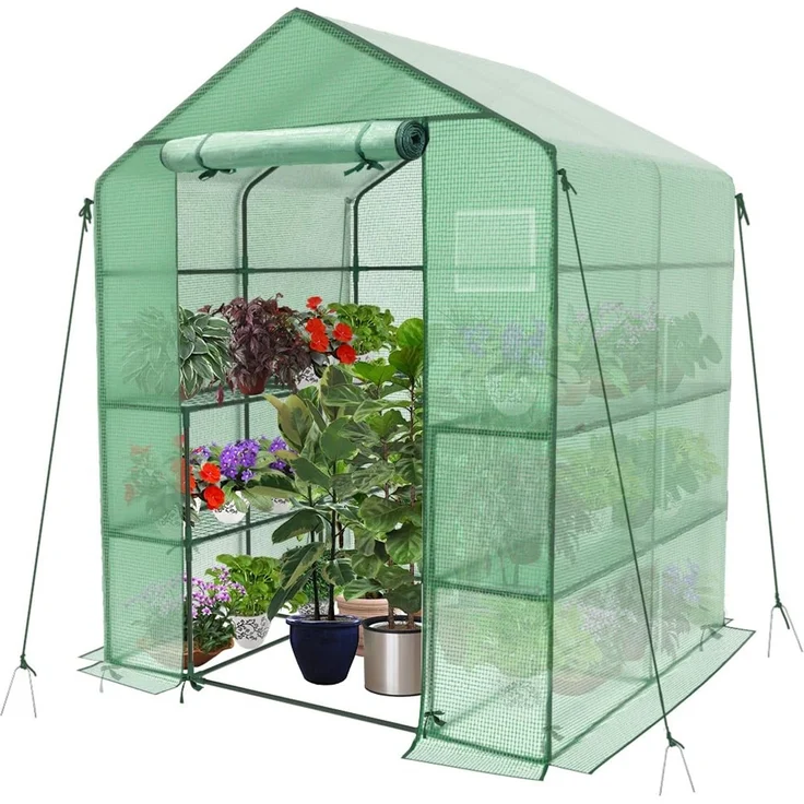 VOUNOT® Gewächshaus Foliengewächshaus, begehbares Gartenhäuschen mit 8 Regalebenen, Tomatenhaus Tomatengewächshaus, Grün 143 x 143 x 195 cm