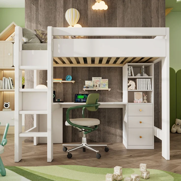 Hochbett Einzelbett mit Holzlattenrost, USB/Type-C Ladebereich, L-förmigem Schreibtisch, Regalen und Schubladen,ohne Matratze – Bild 1
