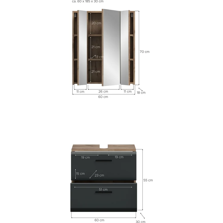 Badezimmer-Set >Ice< in Nox Oak / Schwarz - 60x185x30cm (BxHxT) – Bild 5