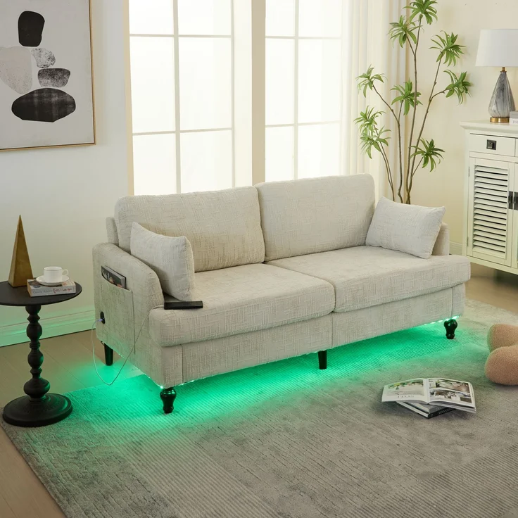 2-sitziges Chenille-Sofa mit USB-Ladeanschluss, LED-Licht und Aufbewahrungstasche in Beige – Bild 3