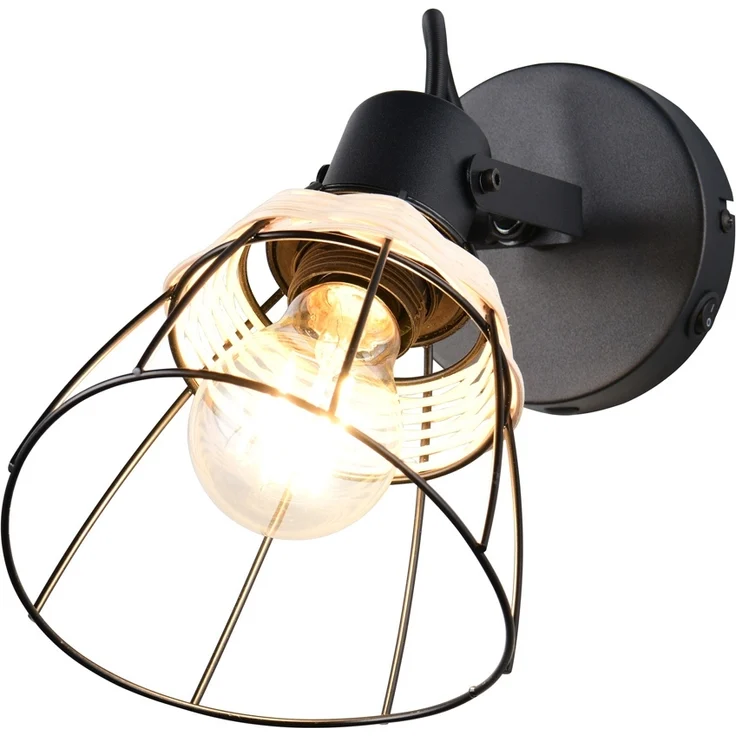 Wandstrahler JEROME mit Schalter & Gitter Lampenschirm Rattan, Breite 14cm – Bild 2